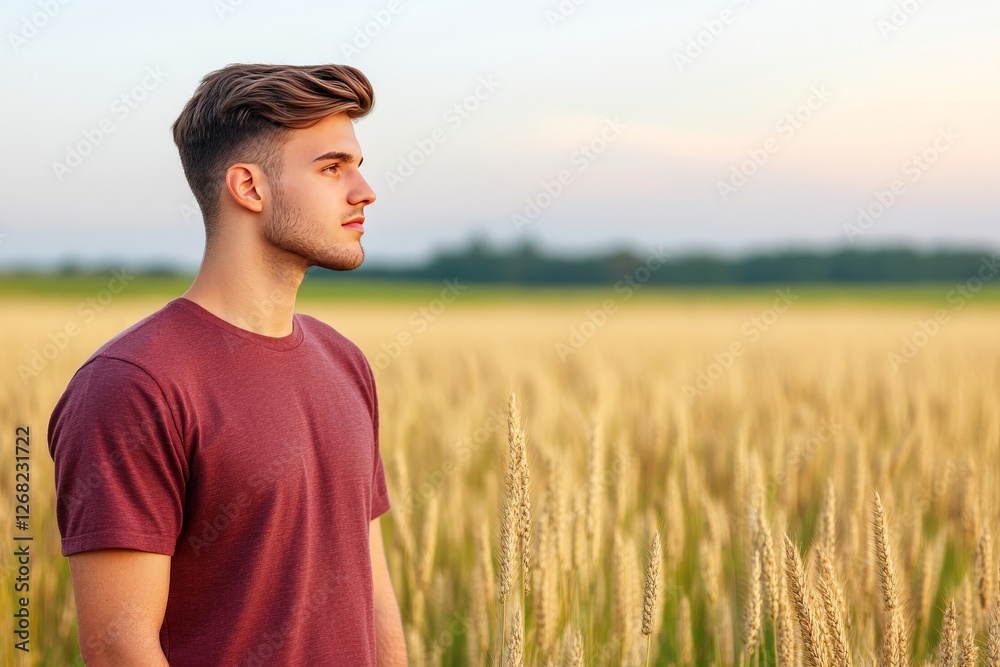 Thoughtful young man in casual red t-shirt standing in golden wheat field under soft sunlight reflecting peaceful contemplation and rural simplicity Thoughtful young man in casual red t-shirt standing in golden wheat field under soft sunlight reflecting peaceful contemplation and rural simplicity