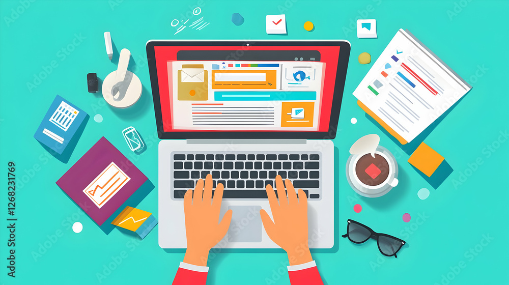 Laptop work, office desk, flatlay, project planning, productivity Laptop work, office desk, flatlay, project planning, productivity
