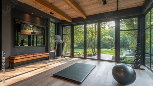 Luxury home gym with forest view, exercise equipment photo