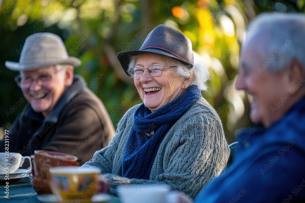 A group of seniors enjoying a nostalgic tea party in a quaint garden A group of seniors enjoying a nostalgic tea party in a quaint garden