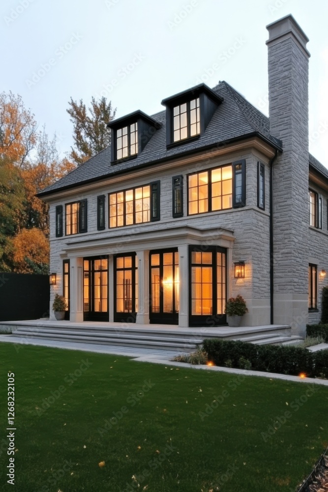 Elegant modern home illuminated at twilight with lush front yard and timeless architecture in a peaceful suburban neighborhood Elegant modern home illuminated at twilight with lush front yard and timeless architecture in a peaceful suburban neighborhood