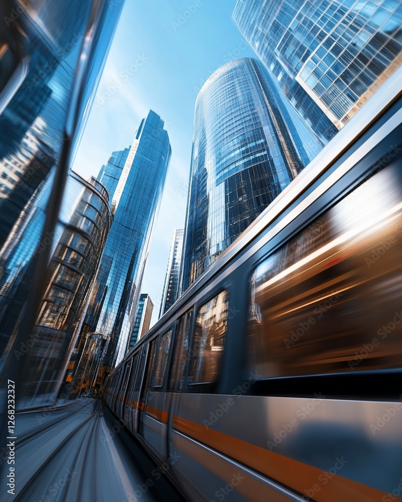Fototapeta premium City train speeds past skyscrapers
