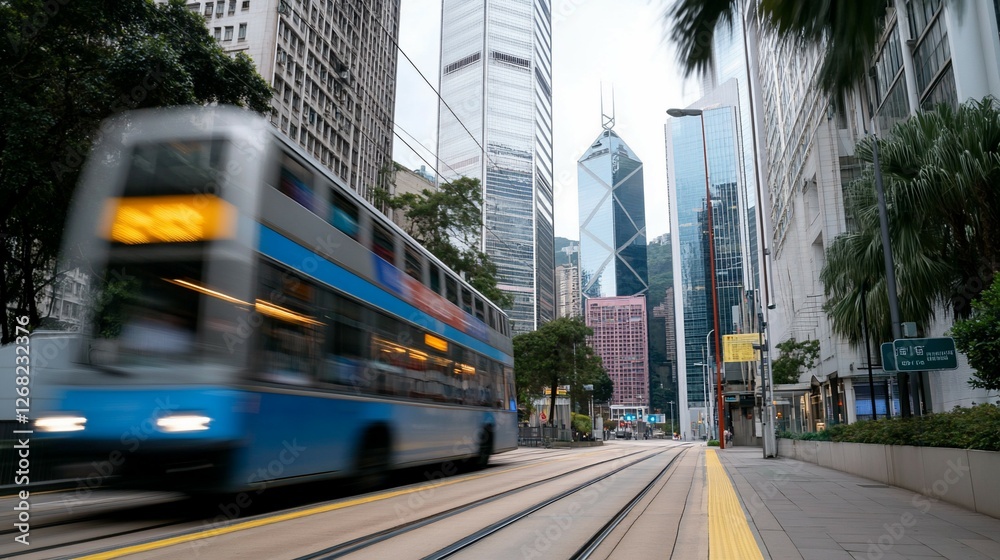 Obraz premium City tram speeds past skyscrapers