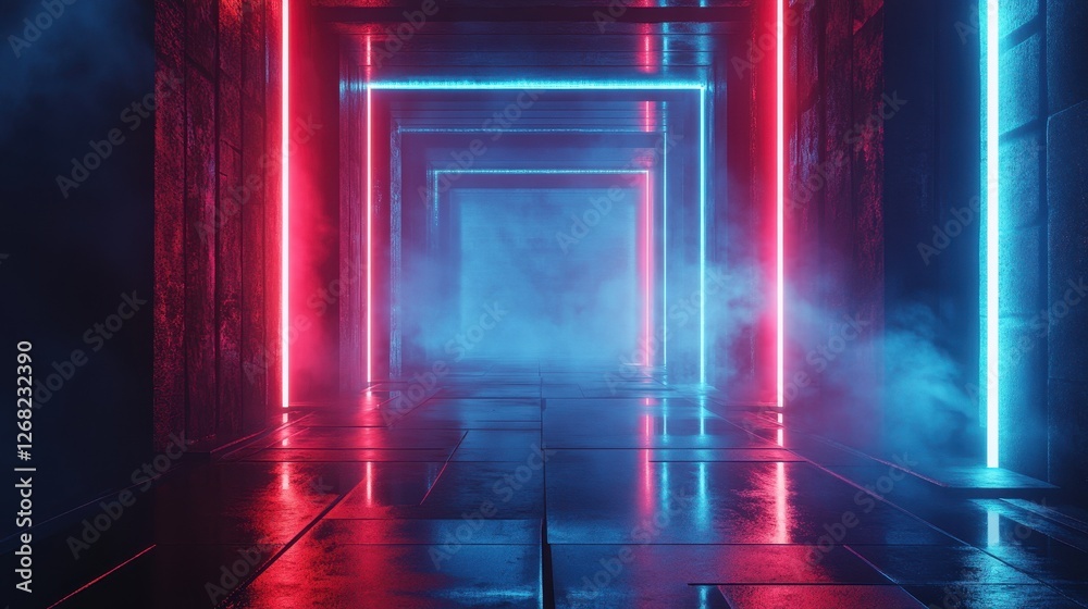 A futuristic corridor illuminated by vibrant blue and pink neon lights, with a misty atmosphere enhancing its intriguing and mysterious mood. A futuristic corridor illuminated by vibrant blue and pink neon lights, with a misty atmosphere enhancing its intriguing and mysterious mood.