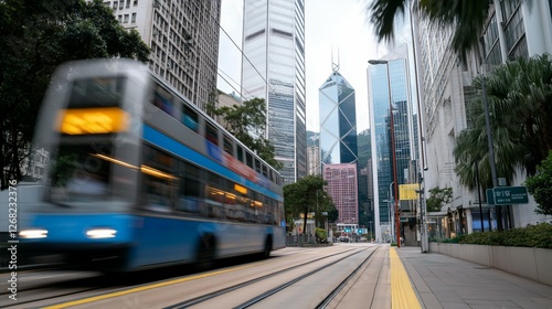City tram speeds past skyscrapers
