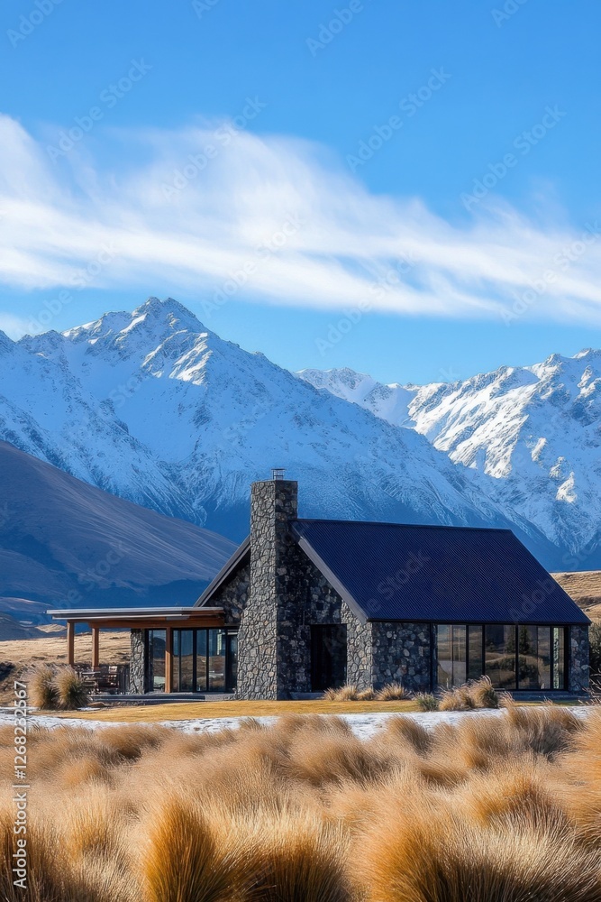 Modern stone house surrounded by majestic snow-capped mountains under a clear blue sky in a serene landscape during daytime Modern stone house surrounded by majestic snow-capped mountains under a clear blue sky in a serene landscape during daytime