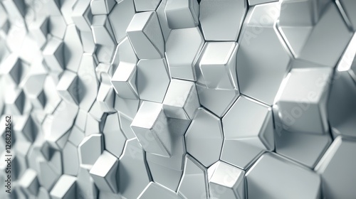 Abstract close-up of a modern, geometric wall with hexagonal shapes in metallic silver tones, creating a futuristic and sleek aesthetic.