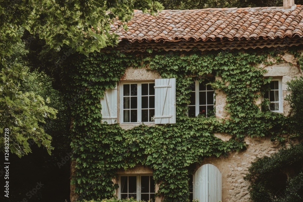 A charming rustic house, adorned with vibrant, lush green ivy, sits peacefully in a tranquil countryside setting beneath soft overcast skies A charming rustic house, adorned with vibrant, lush green ivy, sits peacefully in a tranquil countryside setting beneath soft overcast skies