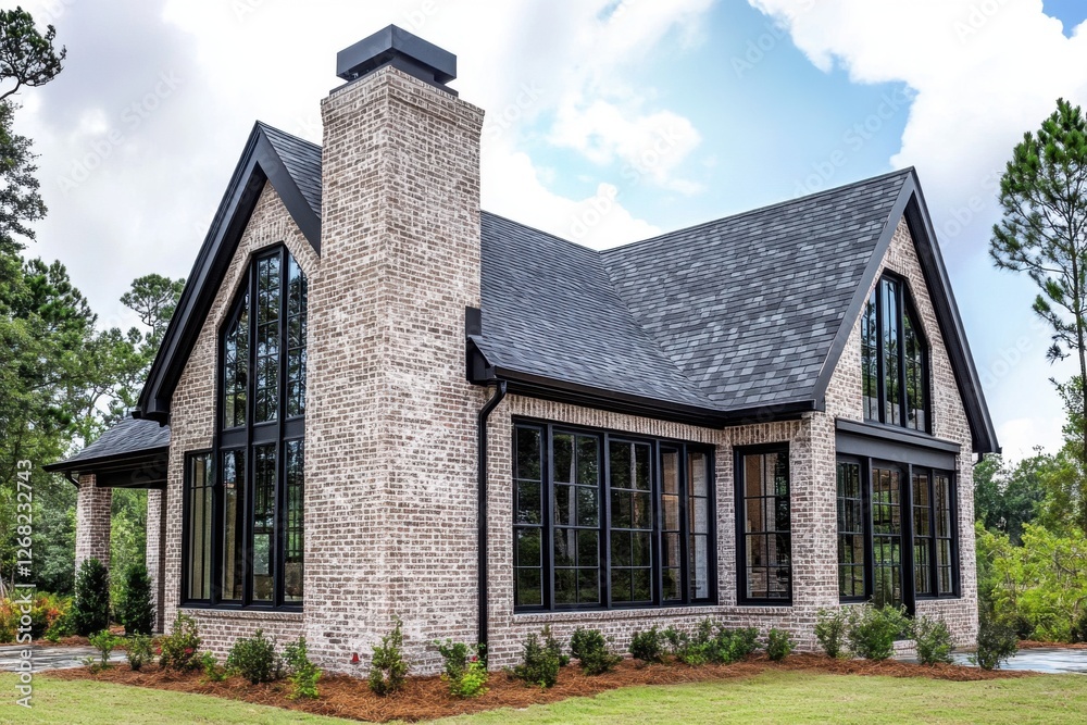 Modern brick house with large windows surrounded by greenery in a serene setting showcasing contemporary architecture and design elements Modern brick house with large windows surrounded by greenery in a serene setting showcasing contemporary architecture and design elements