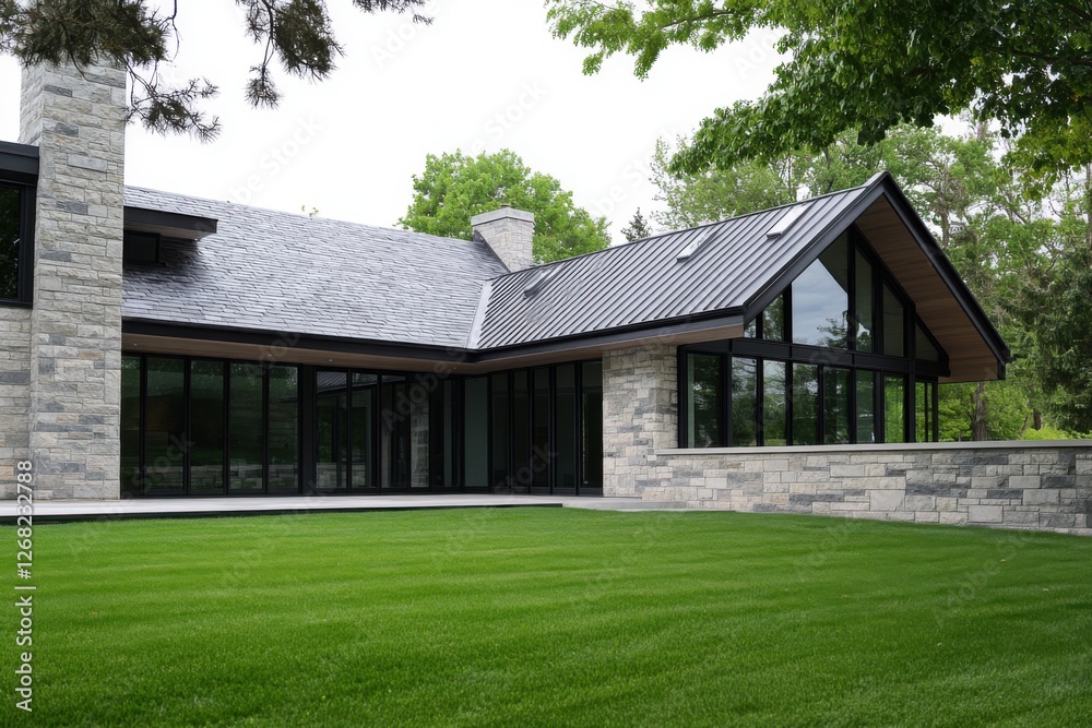 Stunning modern house with large windows and stone exterior set in a lush green landscape, providing a serene atmosphere and elegant design