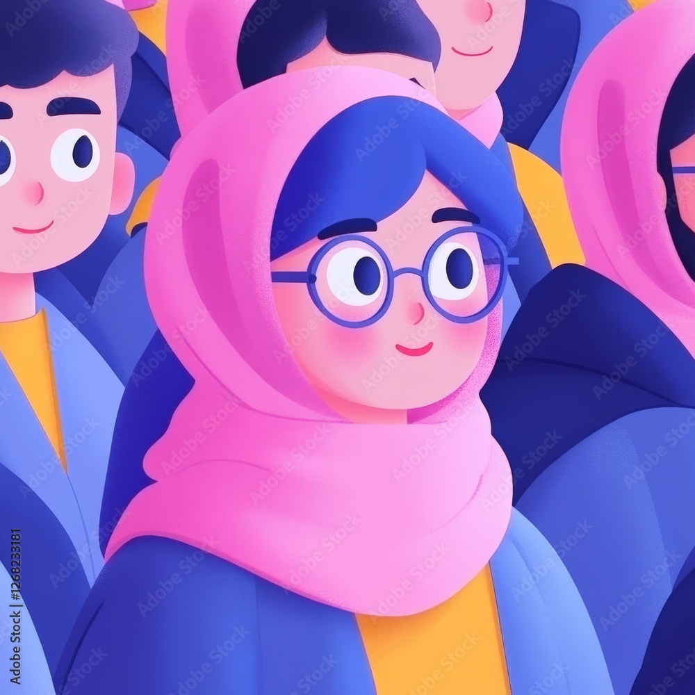 Fototapeta premium Modern vector illustration of diverse Muslim women wearing hijabs in vibrant colors with confident expressions representing empowerment cultural identity and inclusivity in digital art portrait