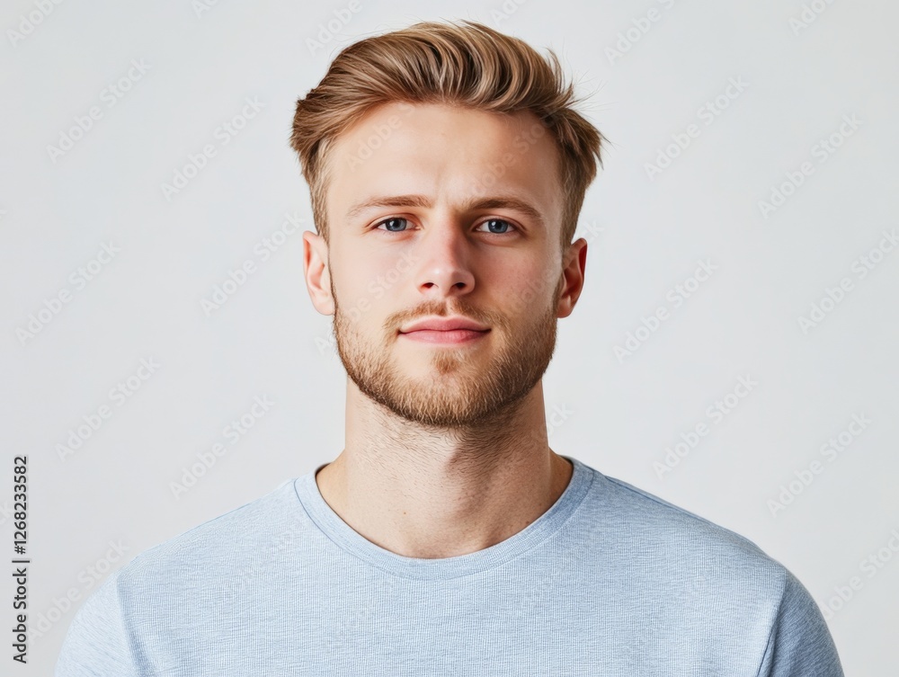 Fototapeta premium Close-up portrait of young man with serious expression in neutral background highlighting facial details and natural features in high-resolution stock photography for professional and personal use