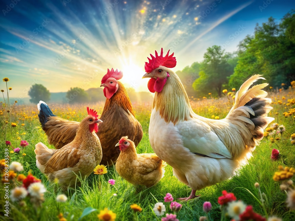 Fototapeta premium Majestic Free Range Brahma Chickens: Hens & Rooster in Lush Pasture