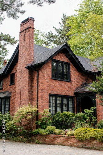 Wallpaper Mural Charming brick house with lush greenery in a quiet residential area, showcasing classic architecture and well-maintained landscaping during daylight Torontodigital.ca