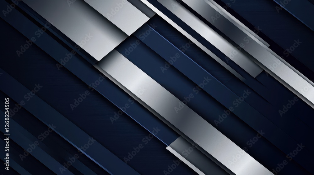 Fototapeta premium A dynamic abstract background featuring sleek metallic stripes in shades of silver and deep navy blue, evoking a sense of modern technology and design.