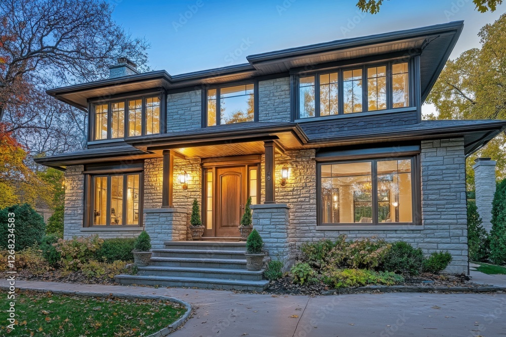Modern two-story home with large windows illuminated at dusk, showcasing an inviting entrance and landscaped garden in a suburban setting Modern two-story home with large windows illuminated at dusk, showcasing an inviting entrance and landscaped garden in a suburban setting