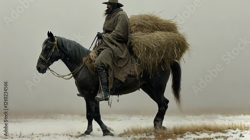 Horseman in a winter landscape transporting hay through snow and fog