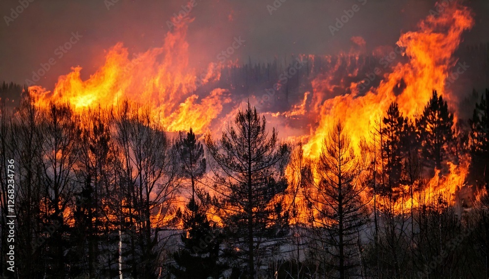 Forest fire raging through trees in a remote area during the peak of wildfire season Forest fire raging through trees in a remote area during the peak of wildfire season