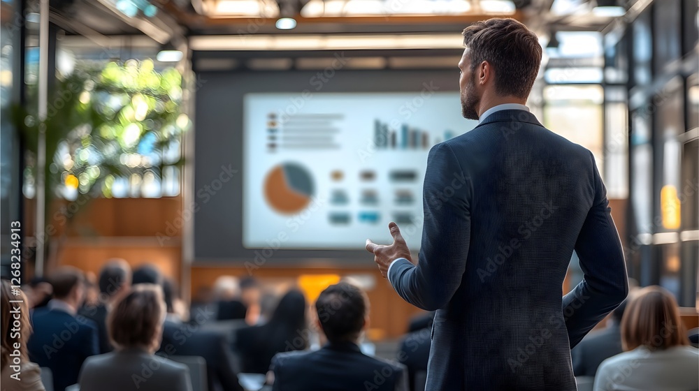 Rear View of Business Professional Presenting Investment Strategy at a Corporate Event Rear View of Business Professional Presenting Investment Strategy at a Corporate Event