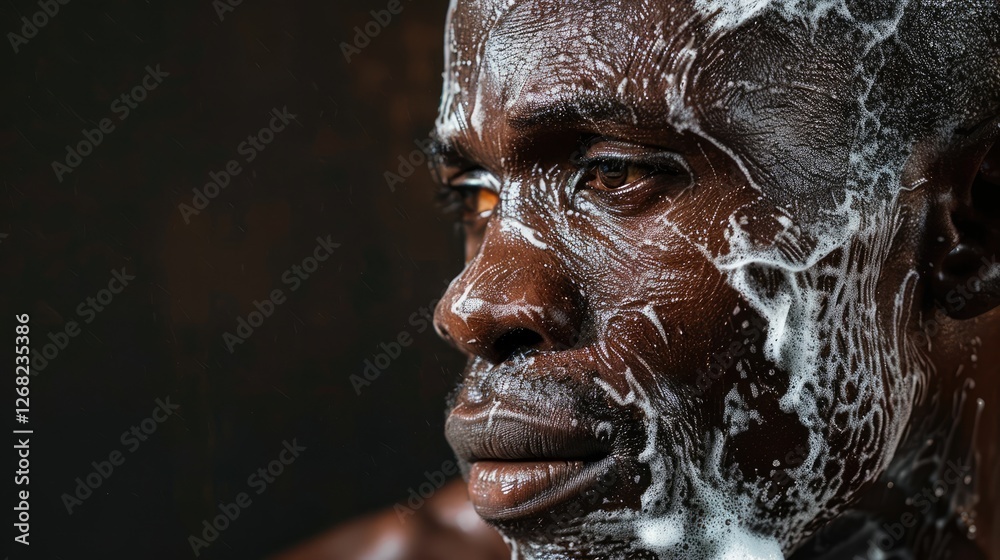 Close-up portrait of a man with soap lather on his face, set against a dark background, showcasing a moment of cleansing Close-up portrait of a man with soap lather on his face, set against a dark background, showcasing a moment of cleansing