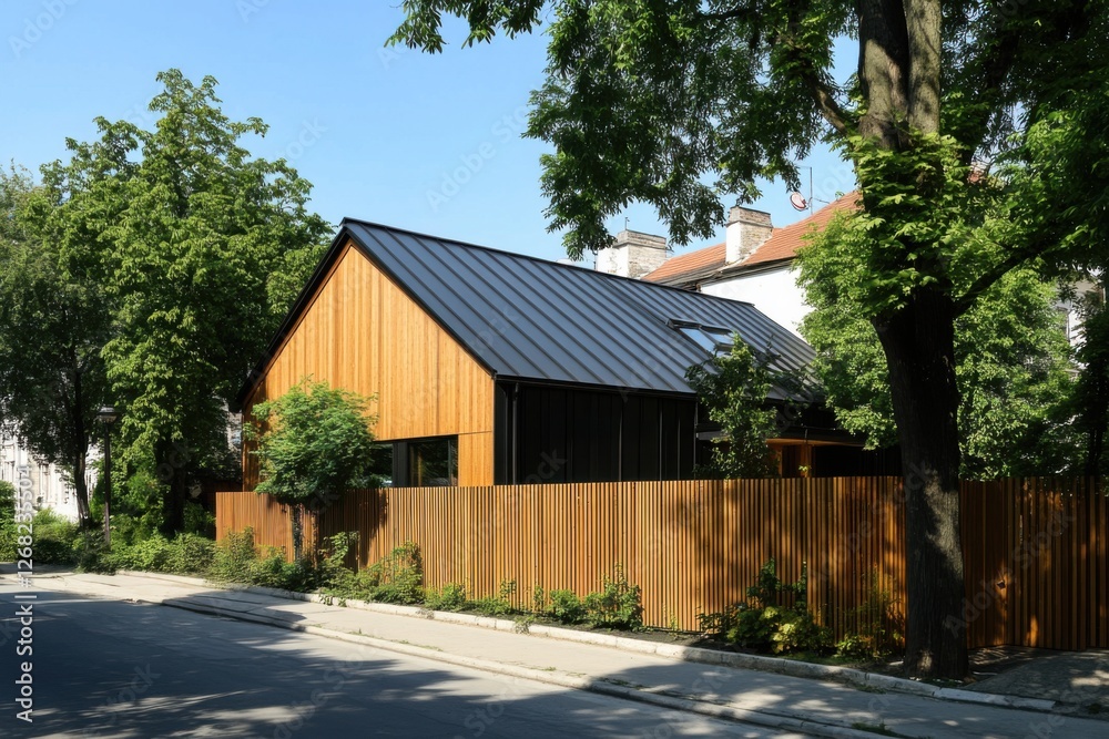 Modern wooden house with a sleek roof design showcases vibrant greenery along a quiet street in a residential neighborhood during sunny daylight