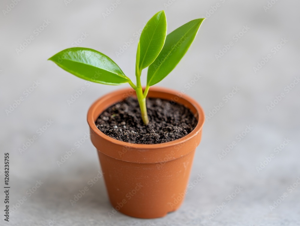 Green sprout in terracotta pot symbolizing growth sustainability and environmental consciousness against neutral background for eco-friendly concept Green sprout in terracotta pot symbolizing growth sustainability and environmental consciousness against neutral background for eco-friendly concept