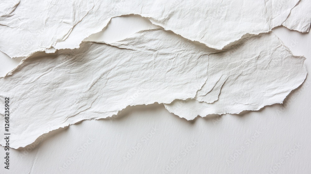 A composition of textured, torn white paper layers creating a subtle, minimalist background. A composition of textured, torn white paper layers creating a subtle, minimalist background.