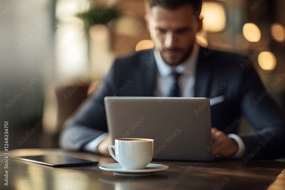 Businessman in Suit Working on Laptop at a Café, Analyzing Financial Investments and Market Growth Businessman in Suit Working on Laptop at a Café, Analyzing Financial Investments and Market Growth