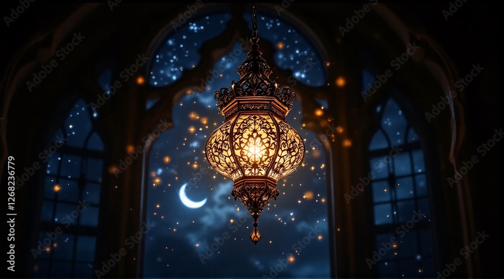 Obraz premium The crescent moon and lantern create a serene and spiritual scene.