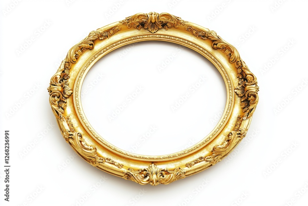 Oval gold frame, ornate design, white background, mockup Oval gold frame, ornate design, white background, mockup