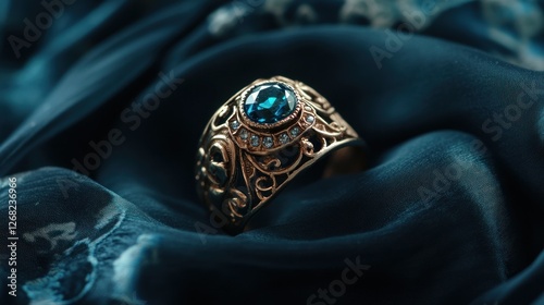 An Exquisite Blue Topaz Ring on Teal Silk
