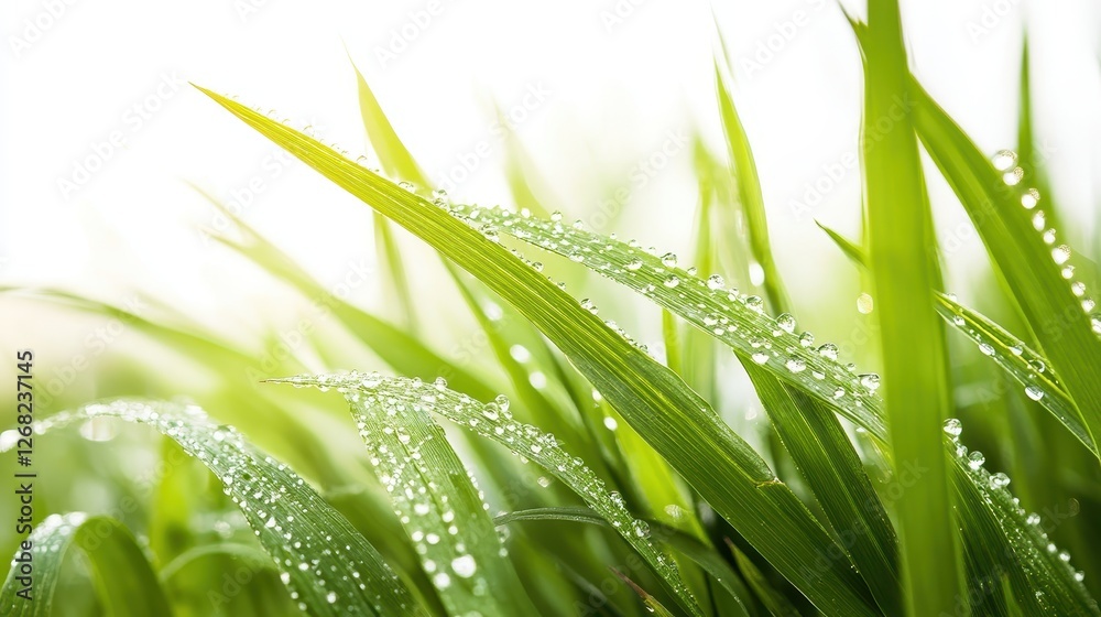 Obraz premium Close-up of vibrant green blades of grass adorned with glistening water droplets, illuminated by soft sunlight, creating a fresh and tranquil mood.