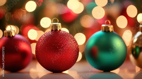 Close-up of festive Christmas ornaments in vibrant red and green, sparkling under warm, blurred lights, creating a joyful holiday atmosphere. photo