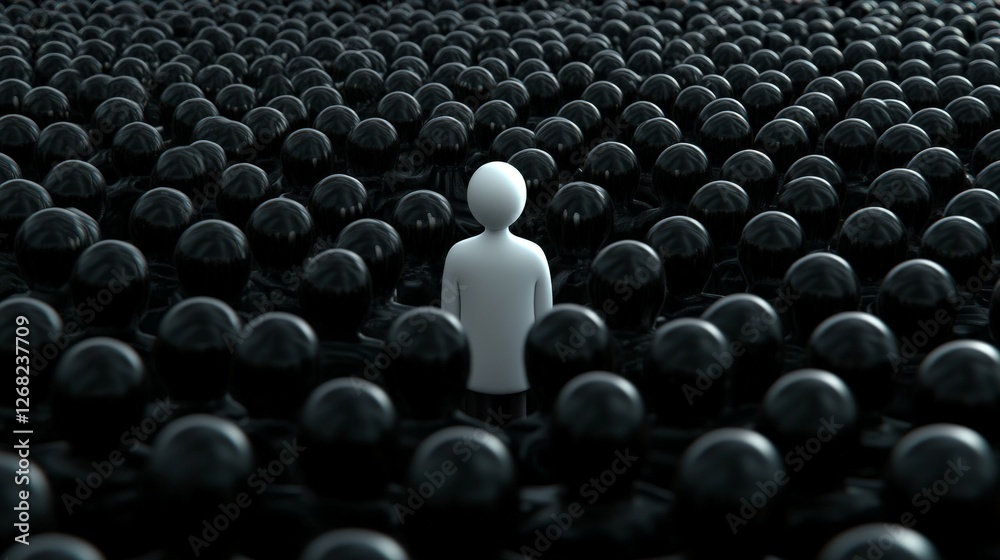 Obraz premium Single white figurine among numerous black spheres representing individuality uniqueness and standing out from crowd in a conceptual artistic representation of personal identity and social contrast
