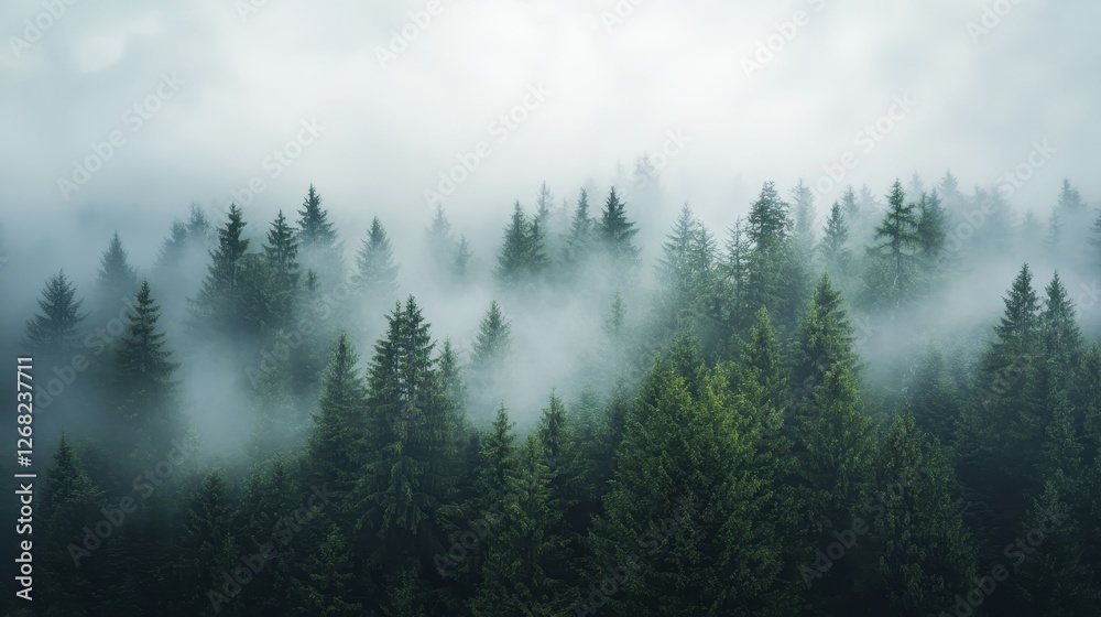 A serene landscape of lush evergreen trees shrouded in soft mist, creating a tranquil and mysterious atmosphere in a dense forest. A serene landscape of lush evergreen trees shrouded in soft mist, creating a tranquil and mysterious atmosphere in a dense forest.
