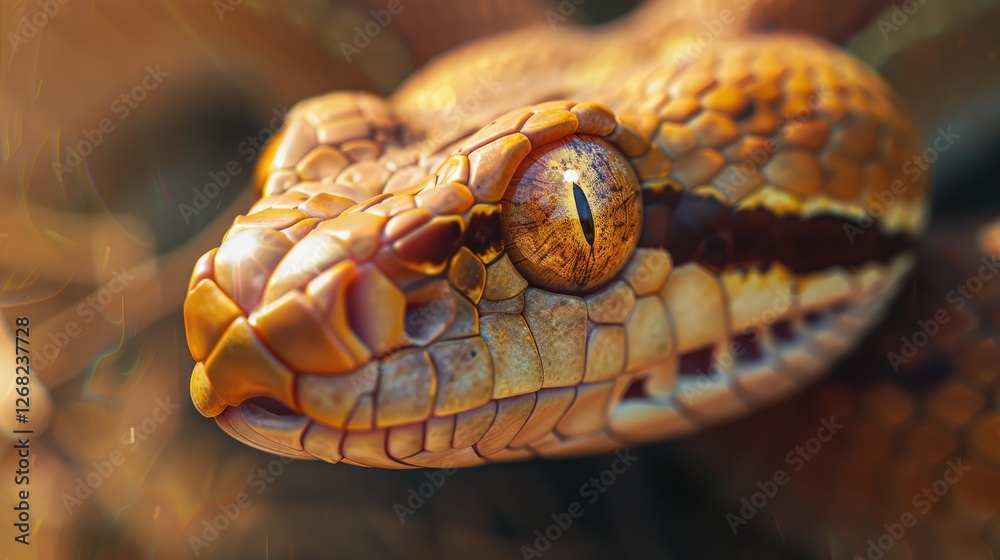 Close-up view of a vibrant snake showcasing intricate scales and striking eye detail in a natural habitat Close-up view of a vibrant snake showcasing intricate scales and striking eye detail in a natural habitat