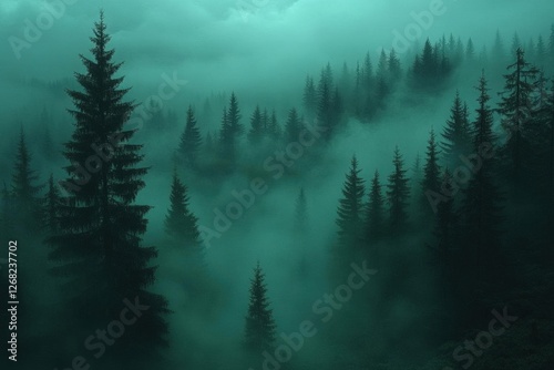 Misty Evergreen Forest with Dense Fog Dark Green Coniferous Trees Silhouettes