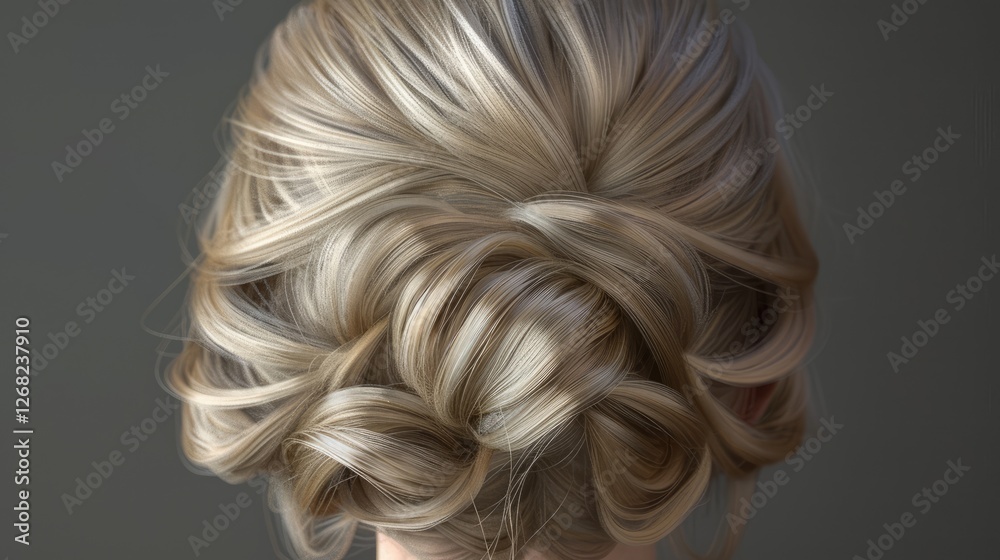 Elegant updo hairstyle showcasing intricate curls and twists, set against a neutral background for beauty focus Elegant updo hairstyle showcasing intricate curls and twists, set against a neutral background for beauty focus