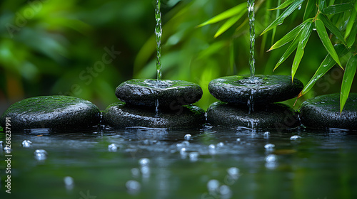 A series of black stones are floating in a body of water