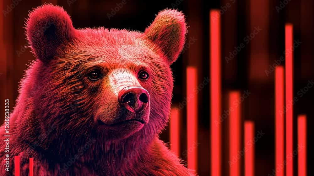 Bear staring thoughtfully amidst abstract red lighting and soft shapes in an artistic and modern setting