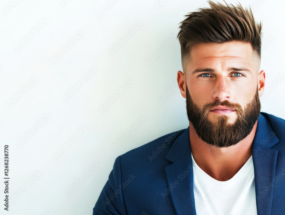 Portrait of bearded businessman in blue suit with stylish haircut against clean white background representing professionalism confidence and modern corporate leadership Portrait of bearded businessman in blue suit with stylish haircut against clean white background representing professionalism confidence and modern corporate leadership