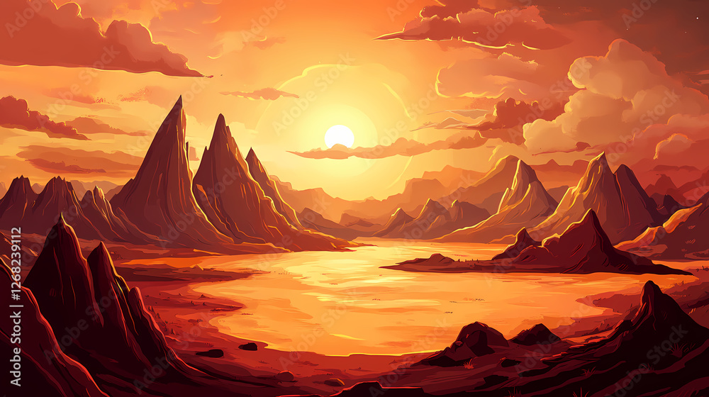 A landscape where the mountains are made of melting chocolate,. Molten Sky Lakes. Illustration A landscape where the mountains are made of melting chocolate,. Molten Sky Lakes. Illustration