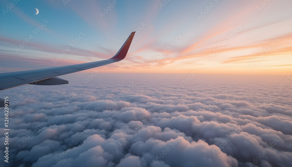 Obraz premium Airplane Wing Above Clouds at Sunset