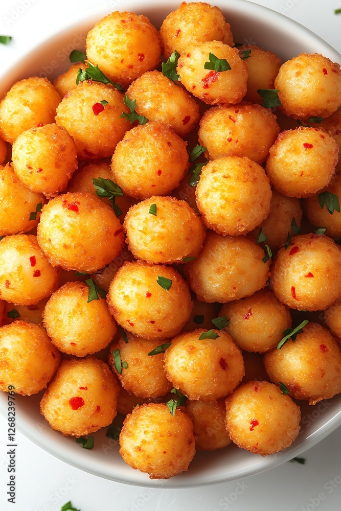 Crispy Potato Bites: A close-up shot of a bowl overflowing with golden-brown potato bites. The bites are seasoned with red pepper flakes and fresh herbs. Crispy Potato Bites: A close-up shot of a bowl overflowing with golden-brown potato bites. The bites are seasoned with red pepper flakes and fresh herbs.