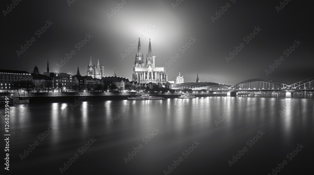 Fototapeta premium Nighttime view of a historic city skyline featuring a grand cathedral and illuminated bridge over a calm river