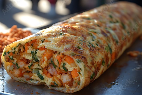 Savory Egg Roll Delight: A mouthwatering close-up shot of a large, savory egg roll filled with shrimp, vegetables, and spices. The golden-brown egg roll is presented on a metallic surface.