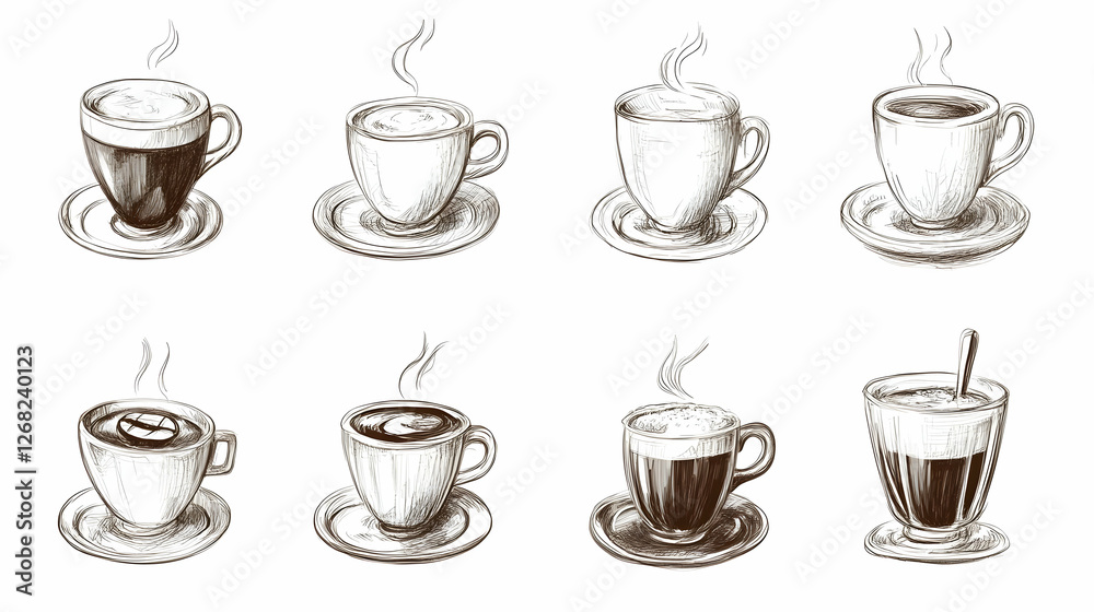 Eight Coffee Drinks Sketch, Menu Design, White Background Eight Coffee Drinks Sketch, Menu Design, White Background
