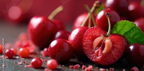 Juicy halved and whole cherries, red skin glistening , sweet, fresh, dessert photo