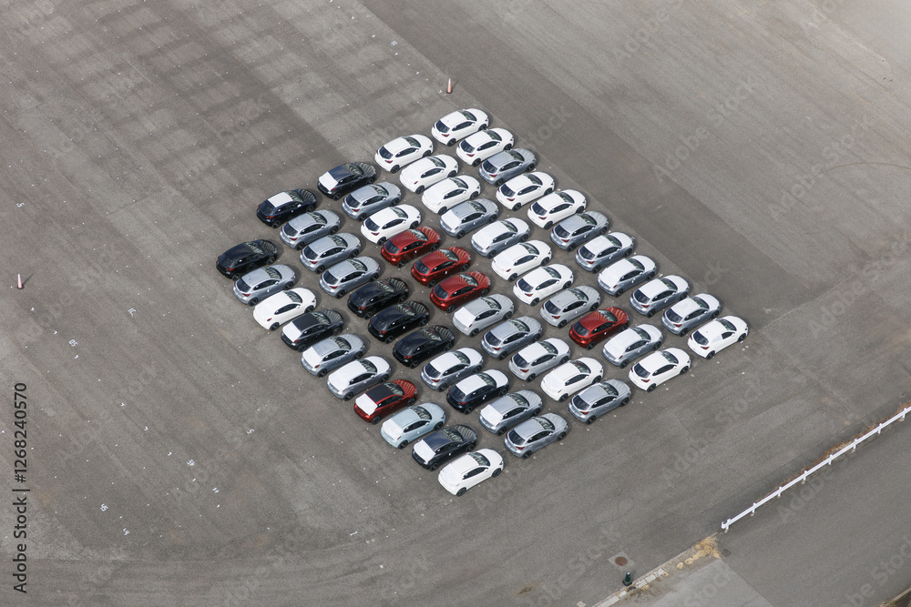 Fototapeta premium 千葉ポートタワーから見た船の積み込みを待つ自動車群