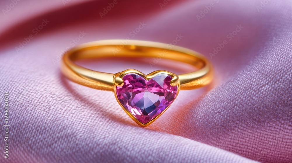 A solitaire gold ring with a heart-shaped pink sapphire on a soft fabric background A solitaire gold ring with a heart-shaped pink sapphire on a soft fabric background